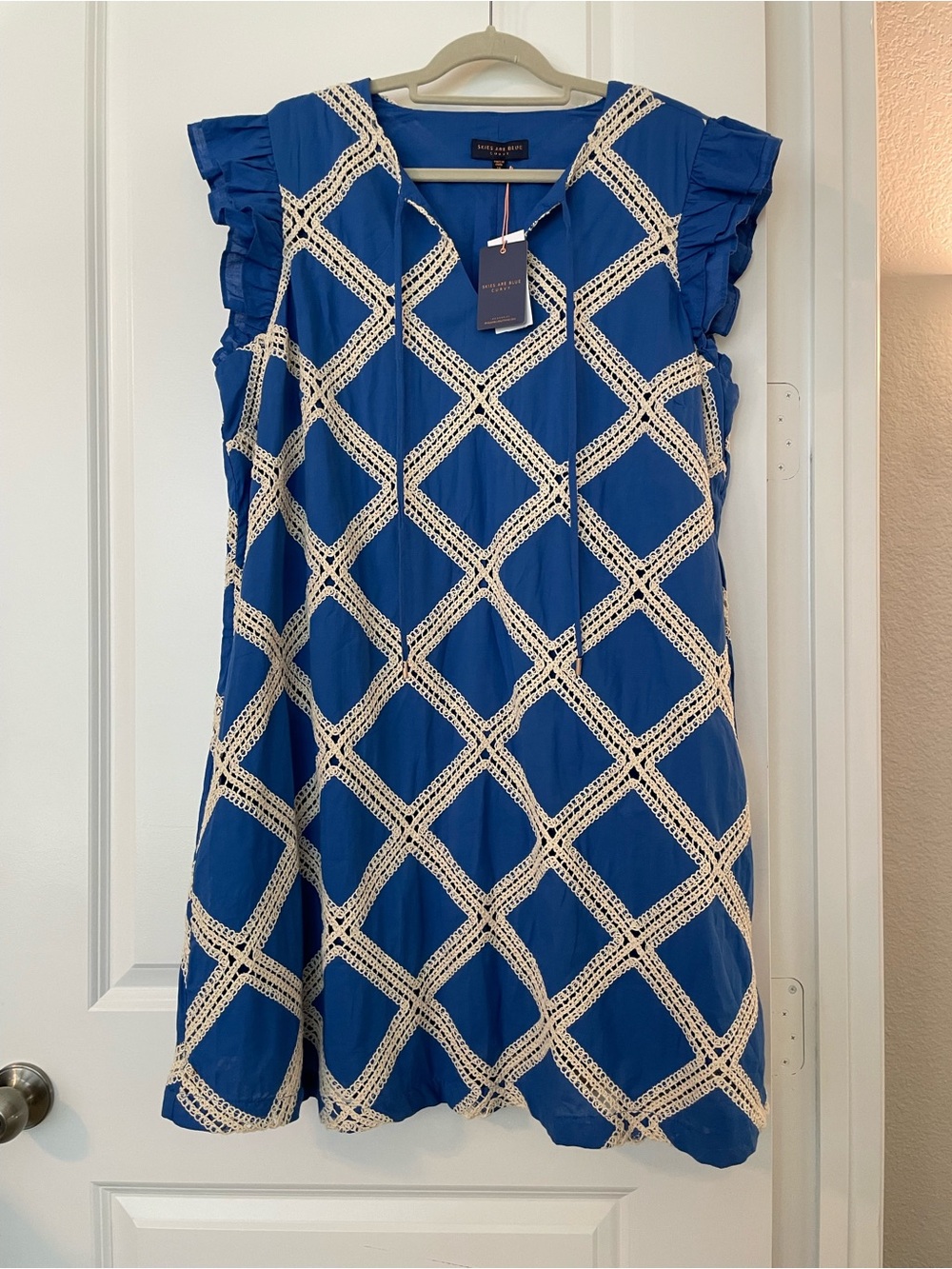 Skies Are Blue Royal Blue & Cream Crochet Diamond Shift Dress - 1X